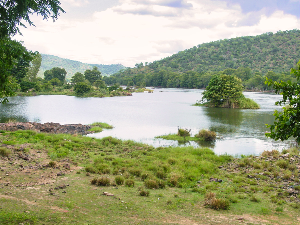 A river confluence with wooded banks in peninsular India